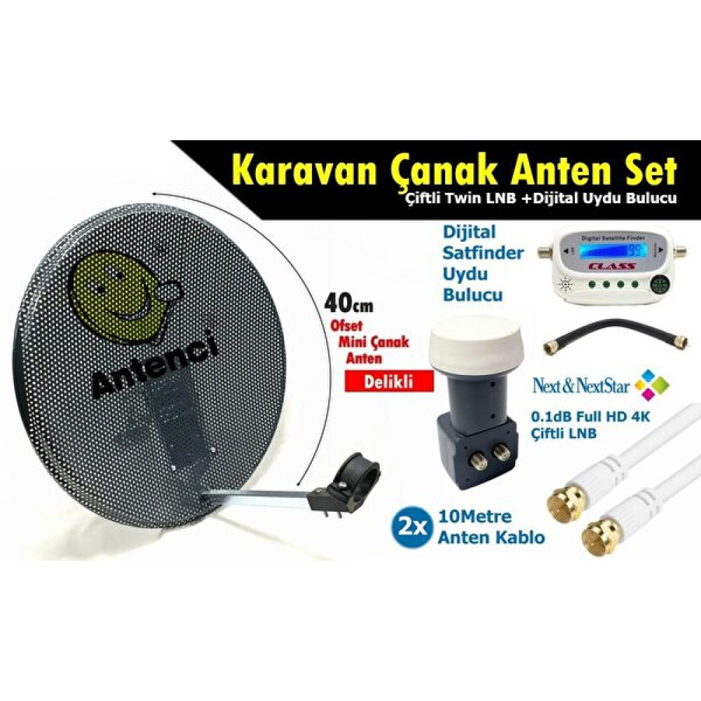 Antenci 40 CM Delikli Karavan Çanak Anten Seti + Digital Uydu Bulucu + Çiftli LNB Çanaklar Fiyatı