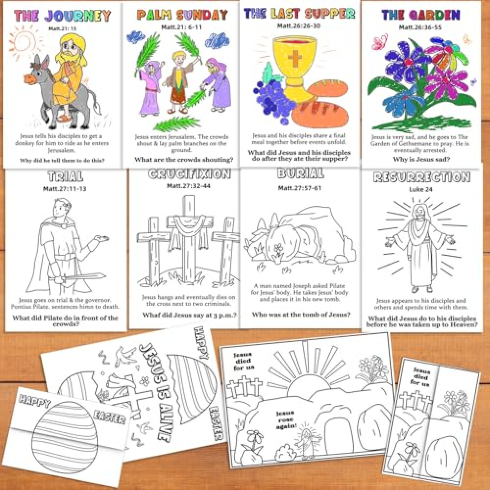 ANTING Easter Story Coloring Cards Craft Pages for Kids,Christian Holy week Easter Folding Surprise Craft Activity Bible Jesus Christ Resurrection Atonement Religious Scripture Coloring Cards Craft