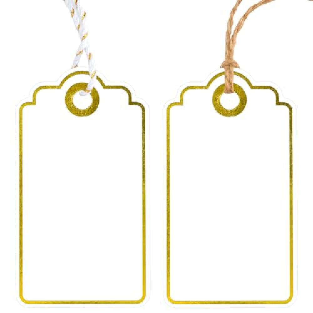 Anwyll Gift Tags with String - 100pcs Gold Foil Metallic Hang Paper Tags, White Gift Bags, Blank Merry Christmas & Birthday Labels