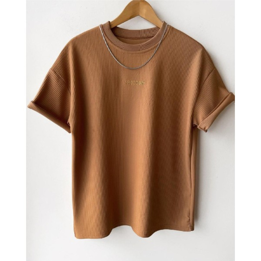 A&O Style Erkek Kahverengi Fitilli Oversize %100 Pamuk Kadife Kumaş Yazlık Kısa Kollu T-Shirt Erkek T-shirt Fiyatı