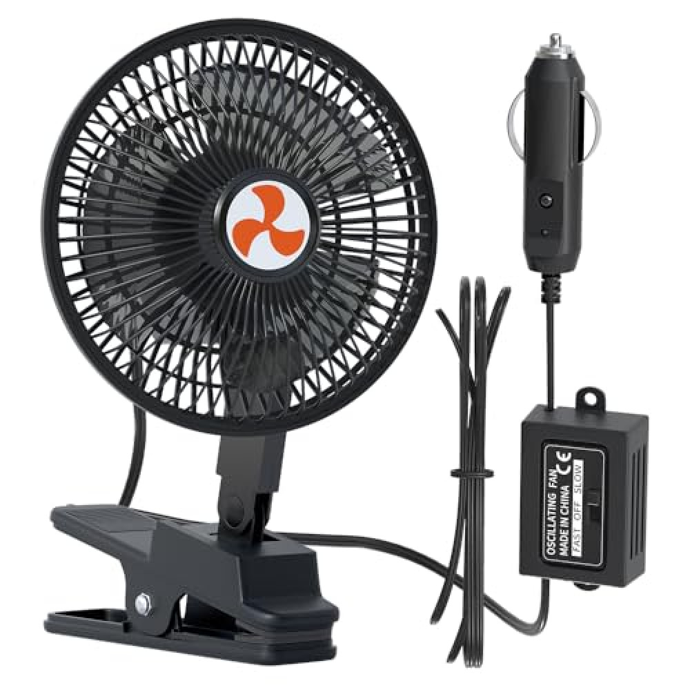 AOWEITOUR 6" 12V Car Fan,Clip-on Cigarette Lighter Plug Oscillating Fan,Portable Ventilated Silent Cooling Air Fan,360°Rotatable,12 Volt Fan for Semi Trucks,Cars,RVs,Golf Carts. (Length 6FT)