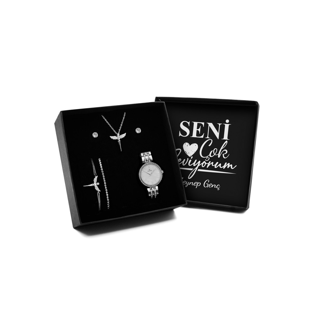 Apollon Gift Sevgililer Gününe Özel Kutu & Gümüş Renk Zirkon Melek Kolye & 2li Küpe & 2li Bileklik & Saat Hediyelik Eşya Fiyatı