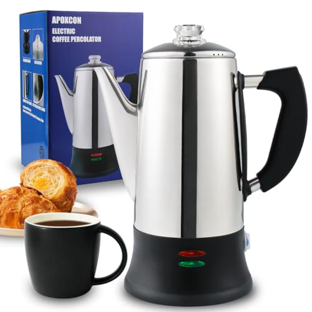 APOXCON Electric Coffee Percolator ETL Approved 12 Cup Stainless Steel Coffee Maker with Heat Resistant Tough Glass Knob Automatic Keep Warm & Cordless Serving Classic Coffee Pot with On/OFF Switch