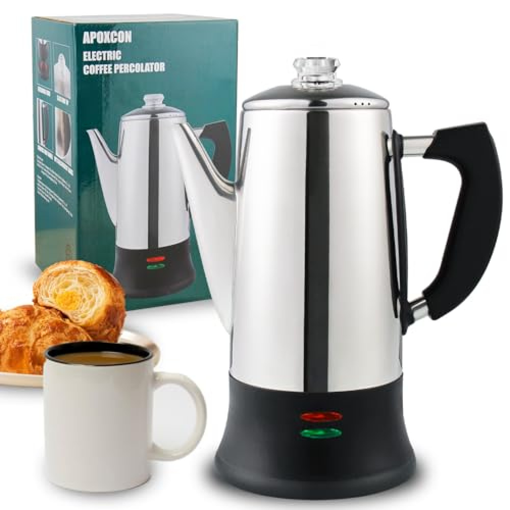 APOXCON Electric Coffee Percolator with ETL Approval Stainless Steel Coffee Maker with Heat Resistant Tough Glass Knob Classic Look Cord-Less Server Coffee Pot 12 Cup