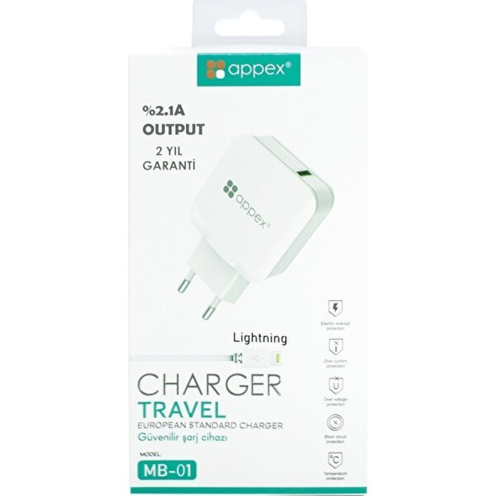 Appex Mb-21 2.1 Amper Lightning iPhone Uyumlu Şarj Cihazı - Beyaz Cep Telefonu Şarj Cihazı Fiyatı