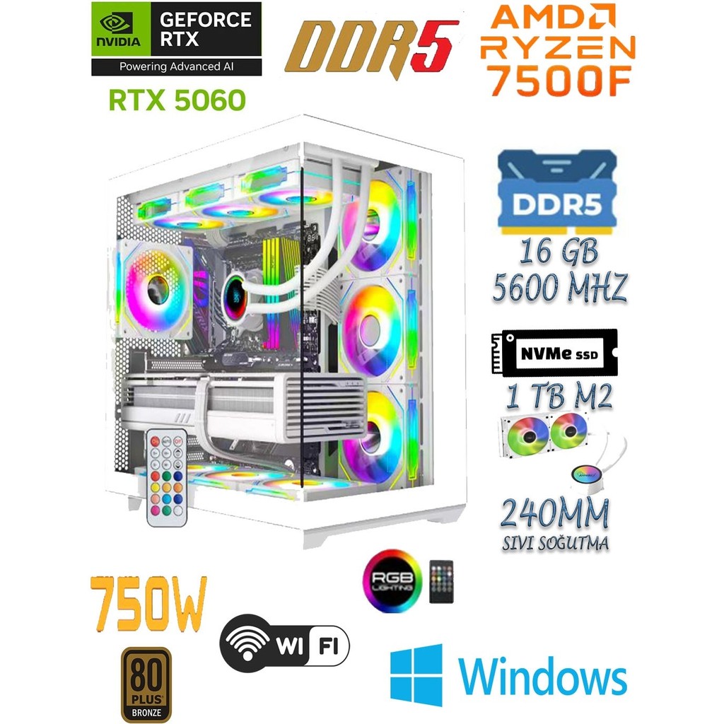 Apphirex Prime 75W Ryzen 5 7500F | 16GB Ddr5 | 1tb M2 SSD | RTX5060 Beyaz Sıvı Soğutmalı Masaüstü Oyuncu Bilgisayar Ekran Kartları Fiyatı
