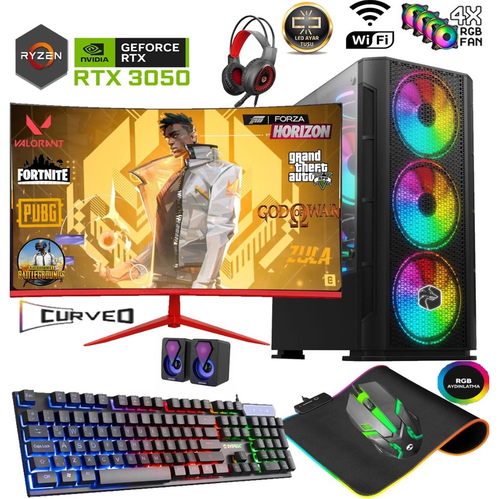 Apphirex TC77 Ryzen 5 5500 16GB 512GB M.2 SSD RTX3050 24'' Curved Oyuncu Masaüstü Bilgisayarı Hazır Sistem Ekran Kartları Fiyatı