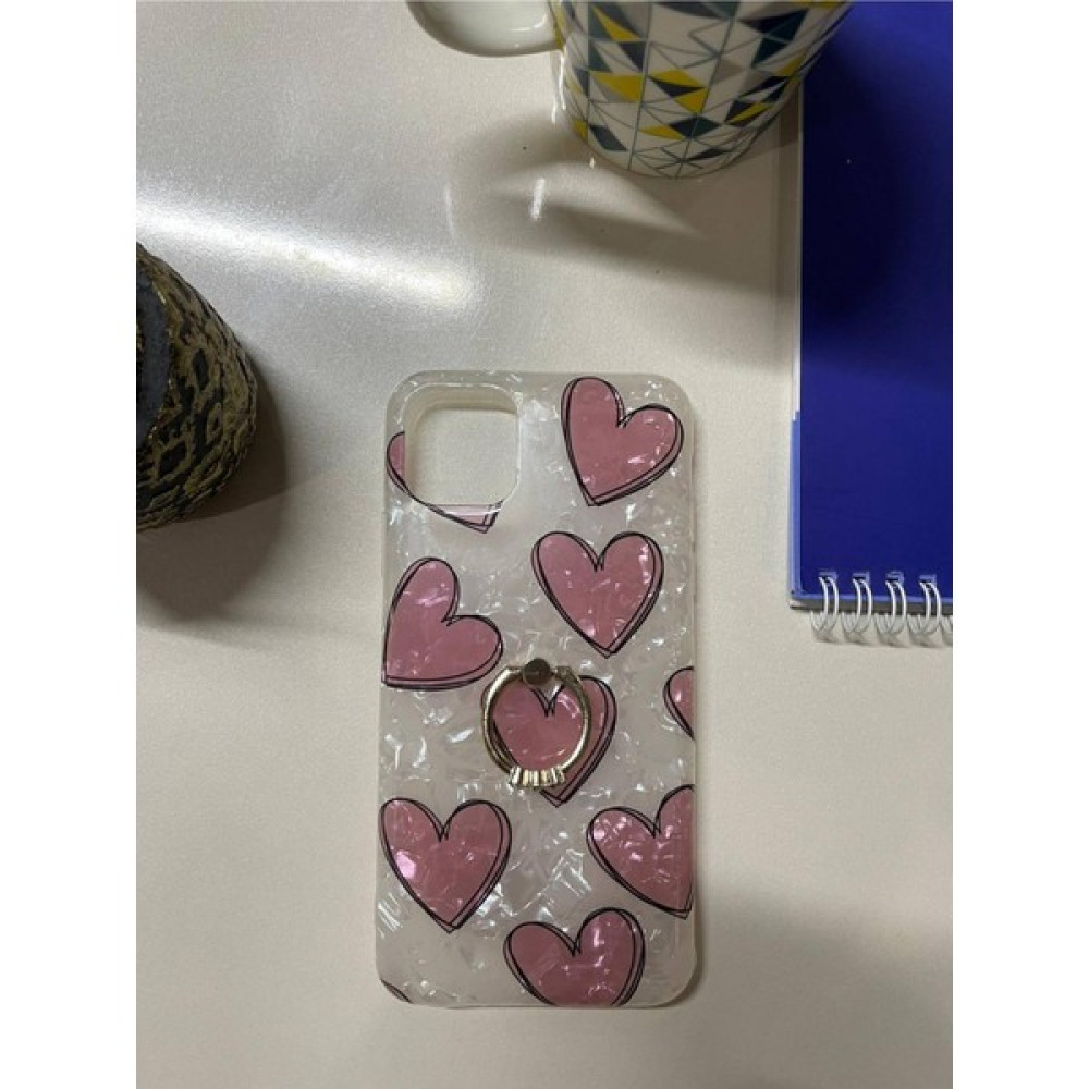 Apple iphone 12 Pro Max Yüzüklü Kılıf Mermer Desen Glossy Plastik Kapak Swarovski Taşlı Kilif Marble - Kalp Cep Telefonu Kılıfı Fiyatı