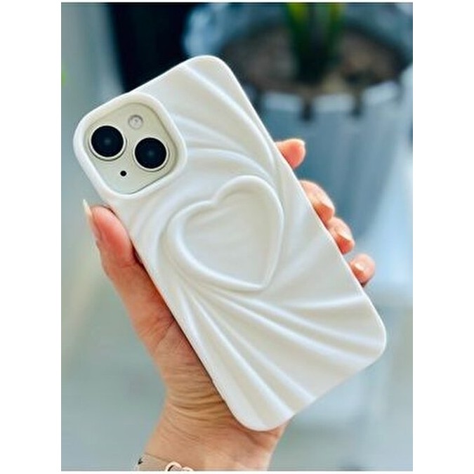 Apple Iphone 13 - 14 - 15 Uyumlu 3D Mat Saten Kalp Kabartma Desenli Darbe Önleyici Silikon Kılıf - Beyaz Cep Telefonu Kılıfı Fiyatı