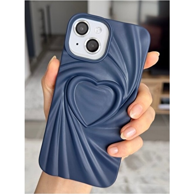 Apple Iphone 13 - 14 - 15 Uyumlu 3D Mat Saten Kalp Kabartma Desenli Darbe Önleyici Silikon Kılıf - Lacivert Cep Telefonu Kılıfı Fiyatı