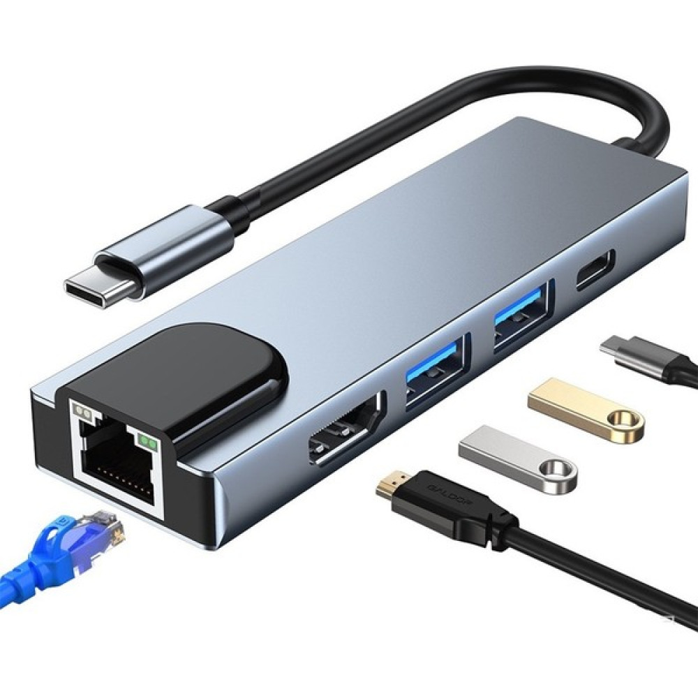 Apple Macbook 13.3' Air 2020 A2337 5 Port USB Hub 3.0 Type C To Ethernet Adaptör Çoklayıcı Çoğaltıcı - Gri Bilgisayar Çevirici ve Adaptörü Fiyatı