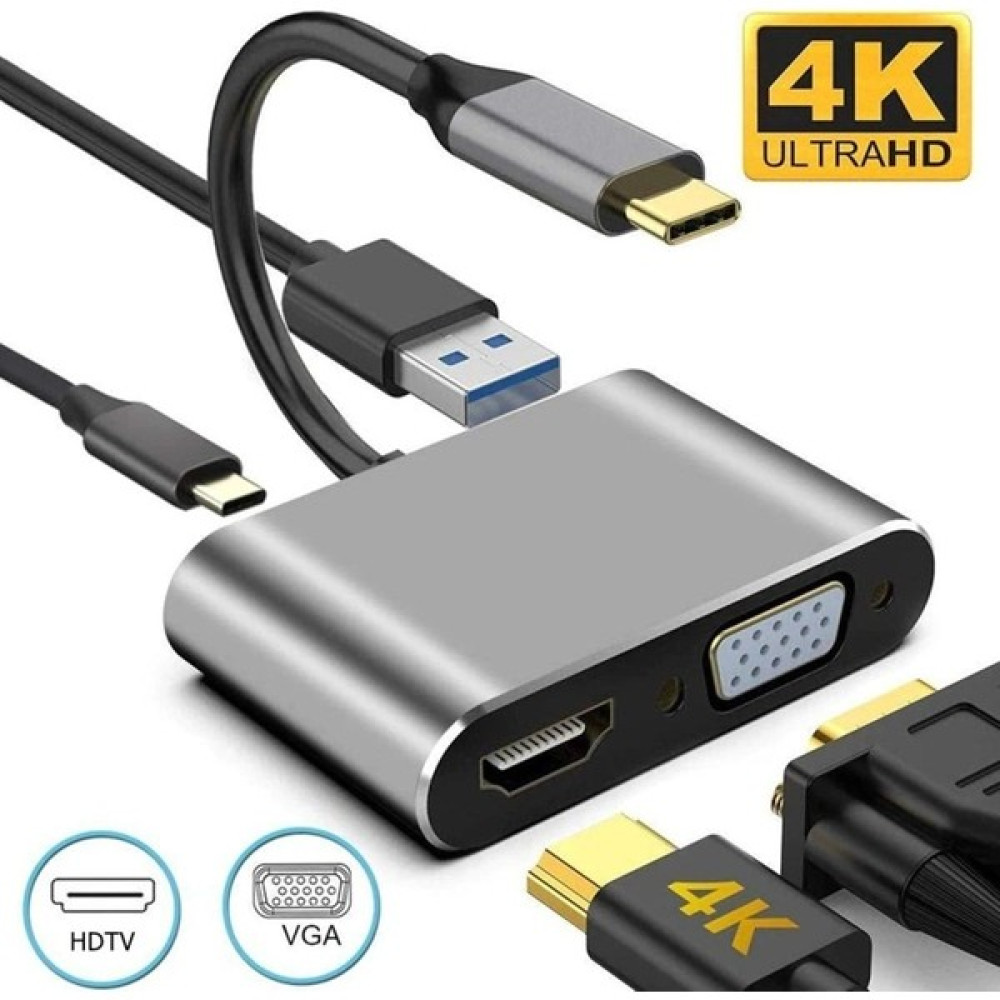 Apple Macbook 13.3' Pro 2022 M2 Hub Type-C & 4K Hdtv VGA USB 3.0 Pd 4 In 1 Adaptör Çoklayıcı - Gri Bilgisayar Çevirici ve Adaptörü Fiyatı