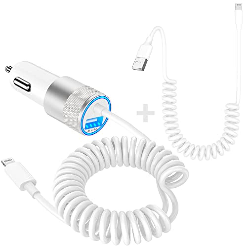[Apple MFi Certified] iPhone Charger Fast Car Charging, BARMASO 4.8A USB Power Rapid Car Charger with Built-in Coiled Lightning + 6FT Lightning Cable for iPhone 14 13 12 11 Pro/XS/XR/X/SE/iPad/AirPods