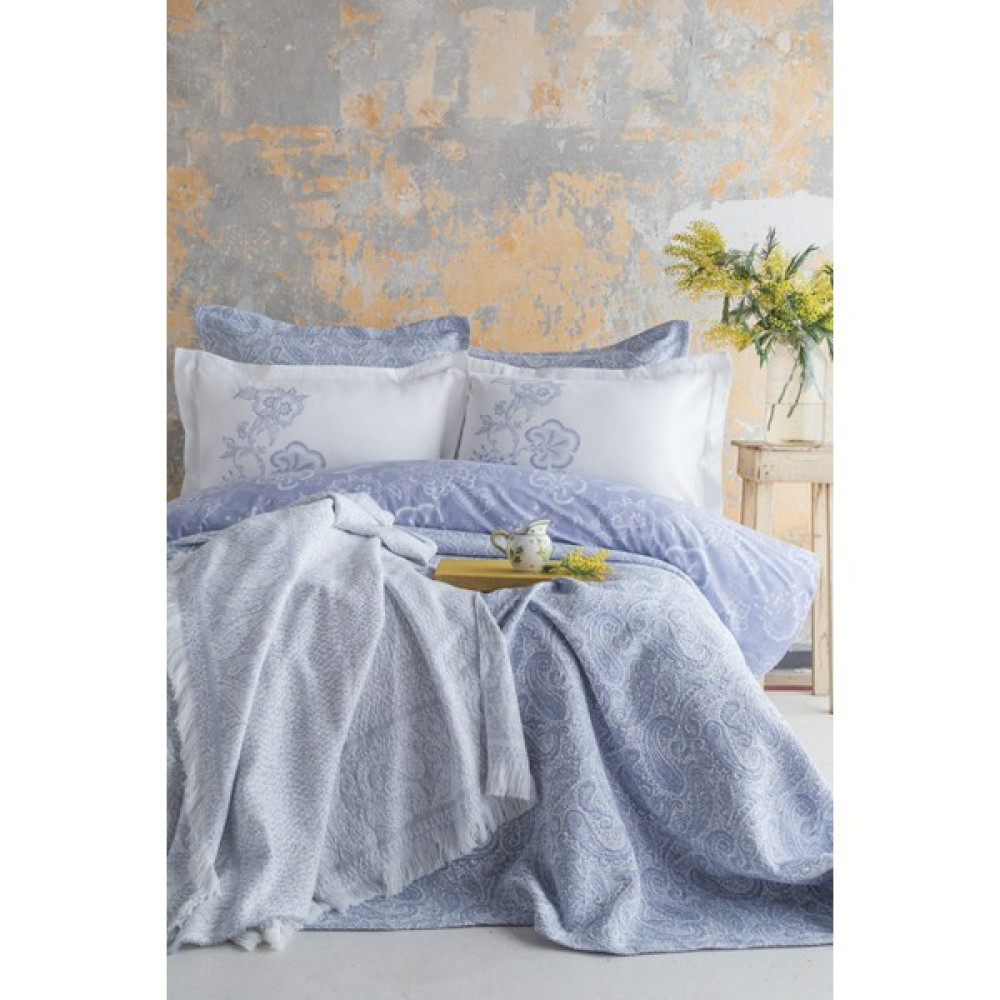 Apricitas Home Sorella Cobalt Çift Kişilik %100 Pamuk Nevresim Takımı ve Battaniye-Yatak Örtüsü Seti - 230 x 240 cm - Mavi Yatak Örtüsü Fiyatı