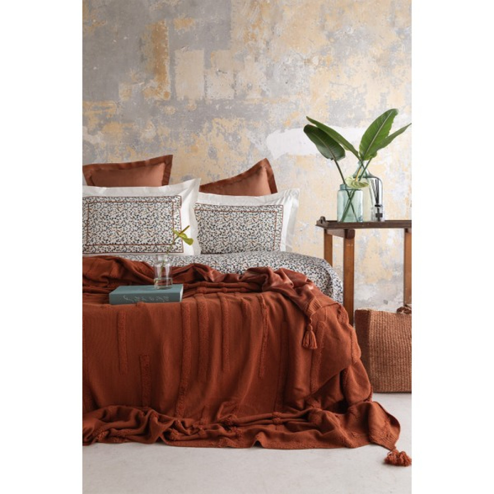 Apricitas Home Stampino Terracota Çift Kişilik %100 Pamuk Nevresim Takımı ve Triko Battaniye Seti - Terracotta - 200 x 220 cm Nevresim Takımı Fiyatı