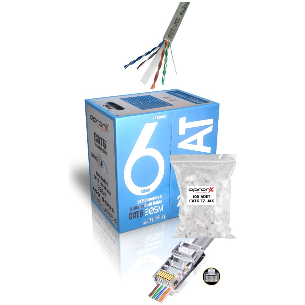 Apronx Cat6 23AWG 305 Metre 0,50MM Gri Utp Kablo +100 Adet Ez Jak Network Aksesuarları Fiyatı