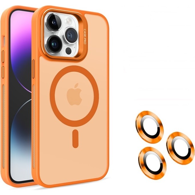 Apsuwa Apple iPhone 14 Pro Max Kılıf Magsafe Sert Mika Standlı + Lens Koruyucu + Ekran Koruyucu - Turuncu Cep Telefonu Kılıfı Fiyatı