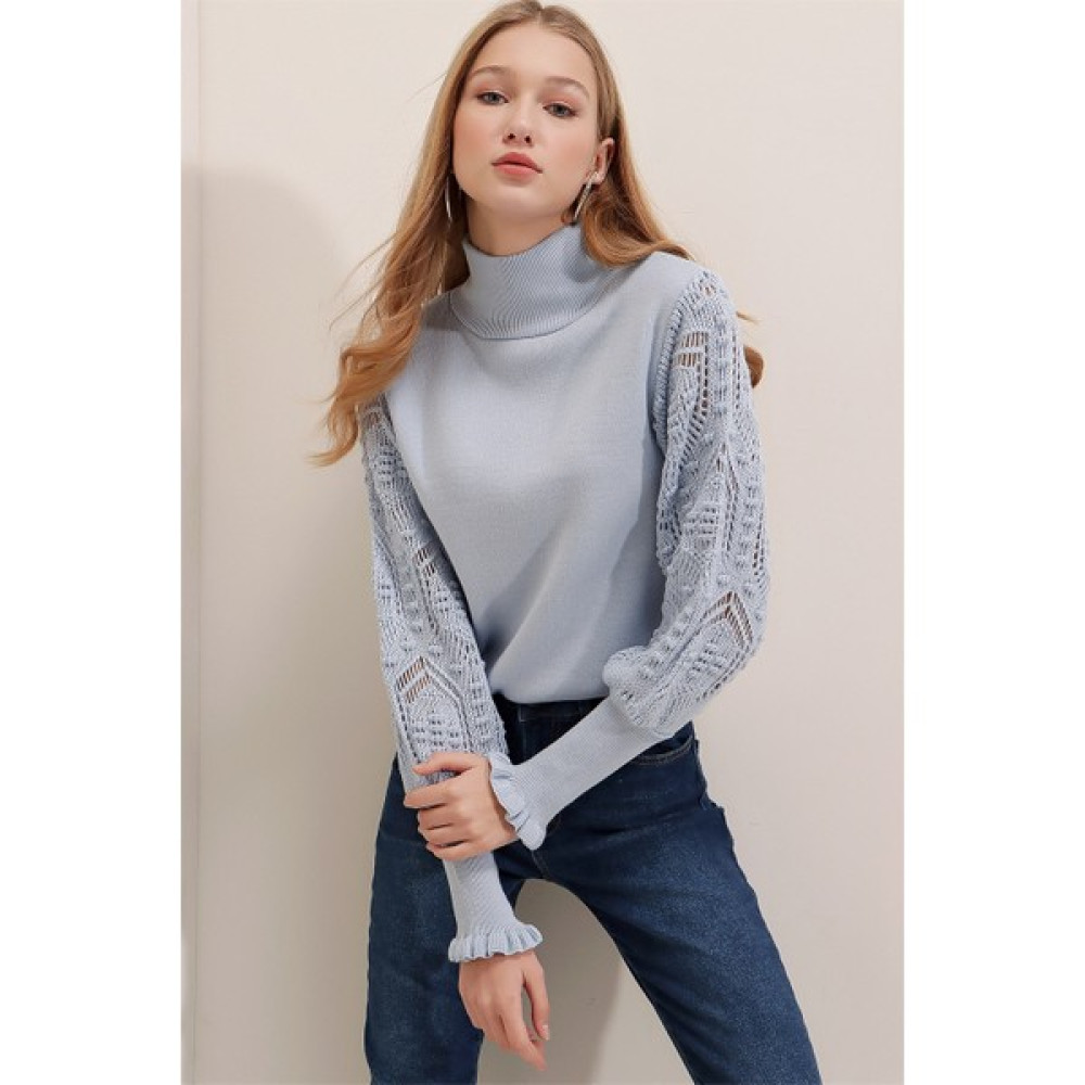 AQE FASHION Kadın Bebe Mavi Yarım Balıkçı Kolu Dantel Detaylı Kazak Bayan Kazak & Süveter & Triko Fiyatı