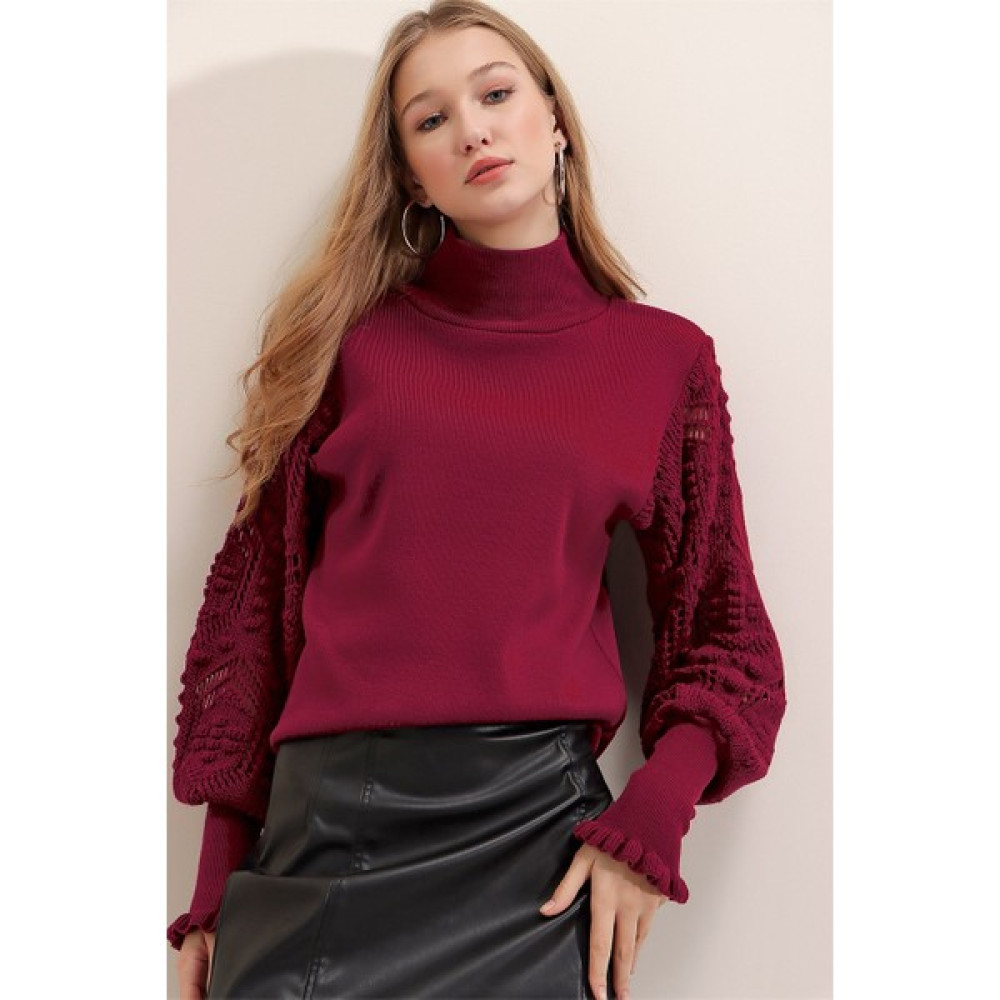 AQE FASHION Kadın Bordo Yarım Balıkçı Kolu Dantel Detaylı Kazak Bayan Kazak & Süveter & Triko Fiyatı