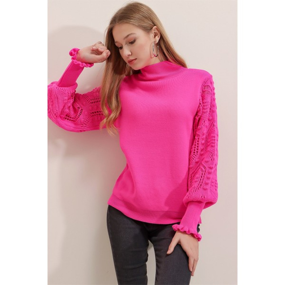 AQE FASHION Kadın Fuşya Yarım Balıkçı Kolu Dantel Detaylı Kazak Bayan Kazak & Süveter & Triko Fiyatı