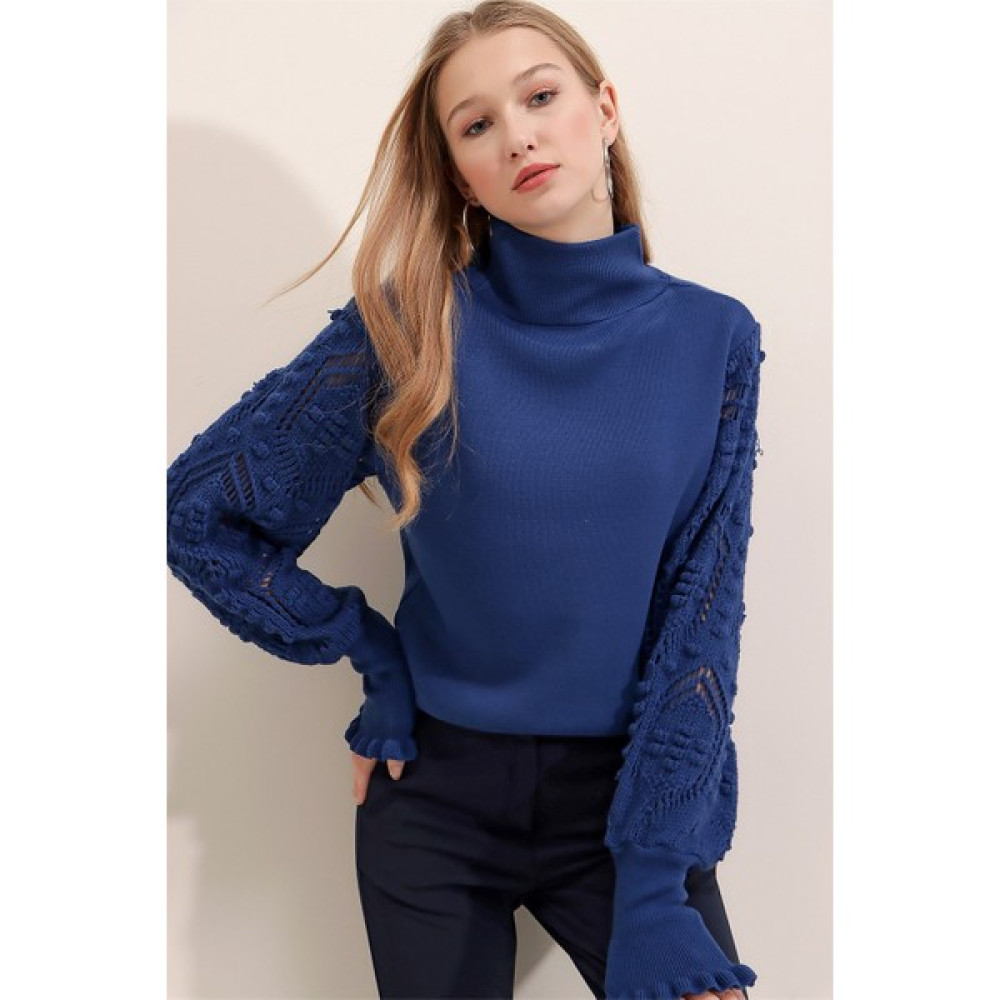 AQE FASHION Kadın Saks Yarım Balıkçı Kolu Dantel Detaylı Kazak Bayan Kazak & Süveter & Triko Fiyatı