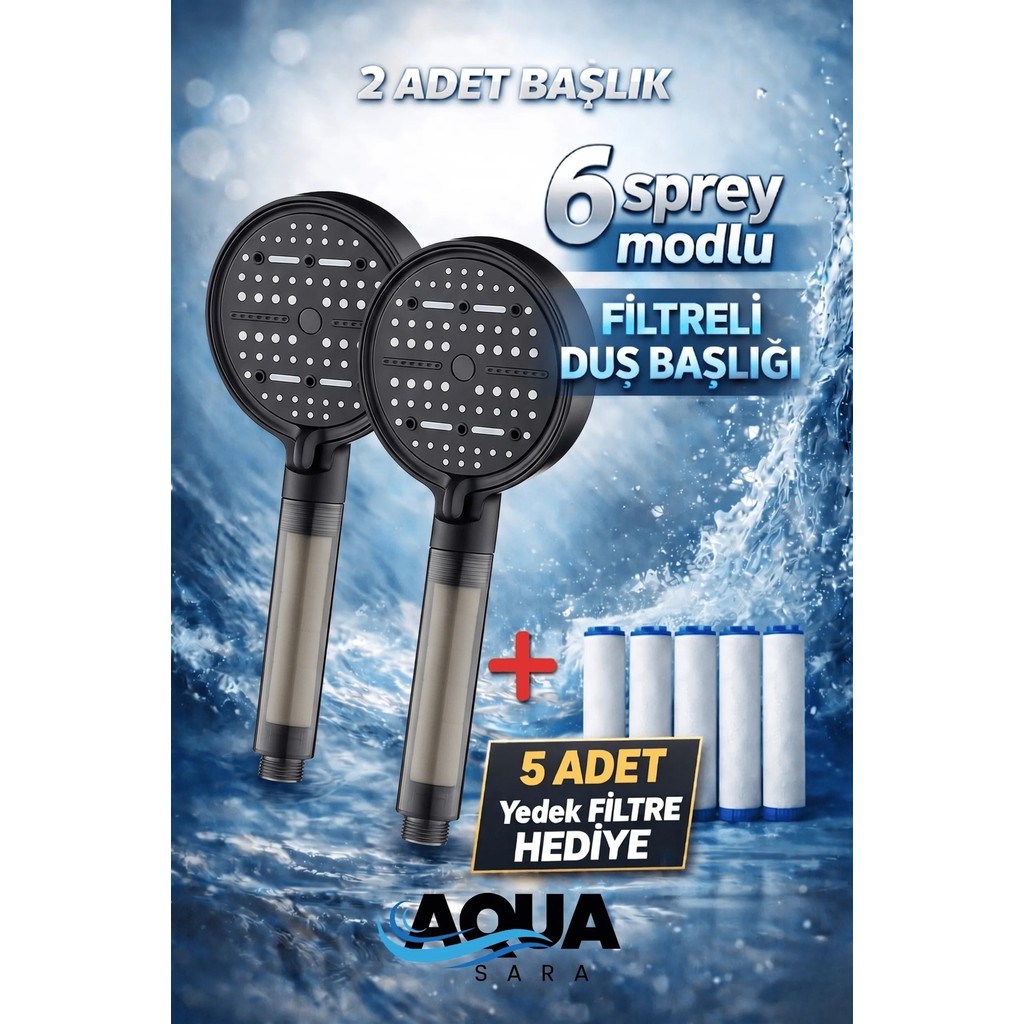 Aqua Sara 2 Adet 6 Fonksiyonlu Filtreli Duş Başlığı (5ADET Yedek Filtre)| Su Arıtmalı, Klor ve Kireç Önleyici, Yüksek Basınçlı - Siyah Duş Başlığı Fiyatı