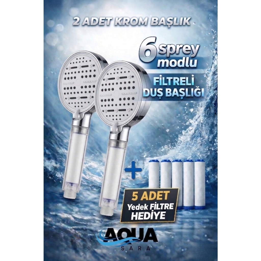 Aqua Sara 2 Adet 6 Fonksiyonlu Filtreli Duş Başlığı Krom Renk (5ADET Yedek Filtre)| Su Arıtmalı, Klor ve Kireç Önleyici, Yüksek Basınçlı Duş Başlığı Fiyatı