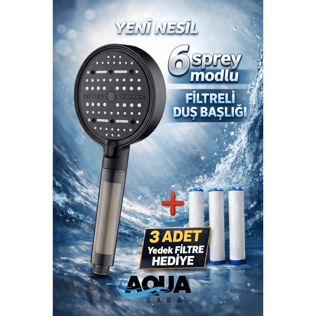 Aqua Sara 6 Fonksiyonlu Filtreli Duş Başlığı (3ADET Yedek Filtre)| Su Arıtmalı, Klor ve Kireç Önleyici, Yüksek Basınçlı - Siyah Duş Başlığı Fiyatı