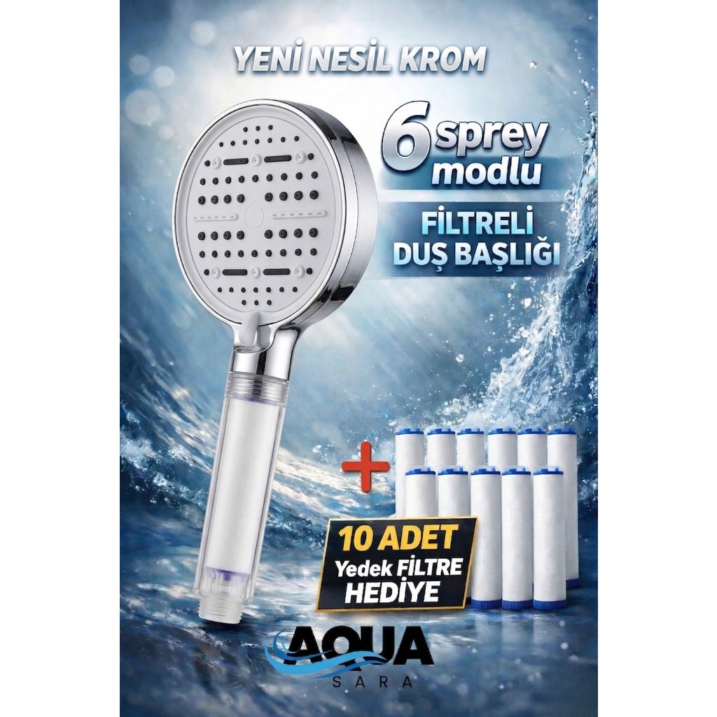 Aqua Sara 6 Fonksiyonlu Filtreli Duş Başlığı Krom Renk (10ADET Yedek Filtre)| Su Arıtmalı, Klor ve Kireç Önleyici, Yüksek Basınçlı Duş Başlığı Fiyatı