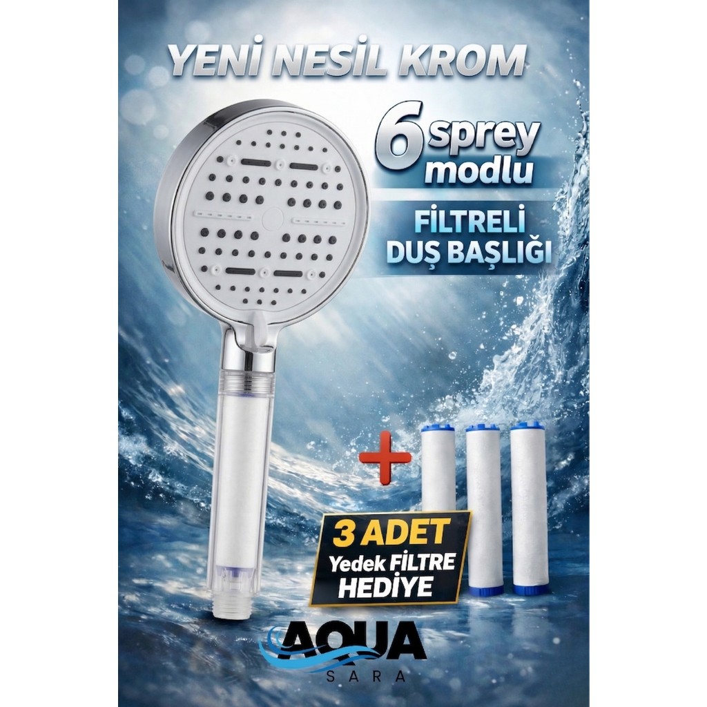 Aqua Sara 6 Fonksiyonlu Filtreli Duş Başlığı Krom Renk (3ADET Yedek Filtre)| Su Arıtmalı, Klor ve Kireç Önleyici, Yüksek Basınçlı Duş Başlığı Fiyatı