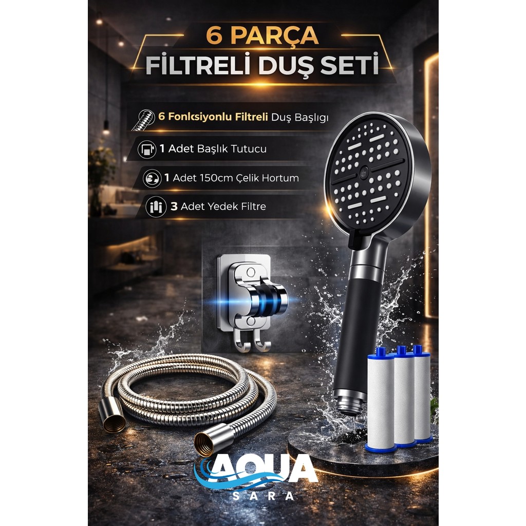 Aqua Sara 6 Parça Yüksek Basınçlı Filtreli Duş Başlığı Seti | 6 Modlu, 3 Yedek Filtreli, Hortum ve Duş Başlığı Tutucu - Siyah Diğer Fiyatı