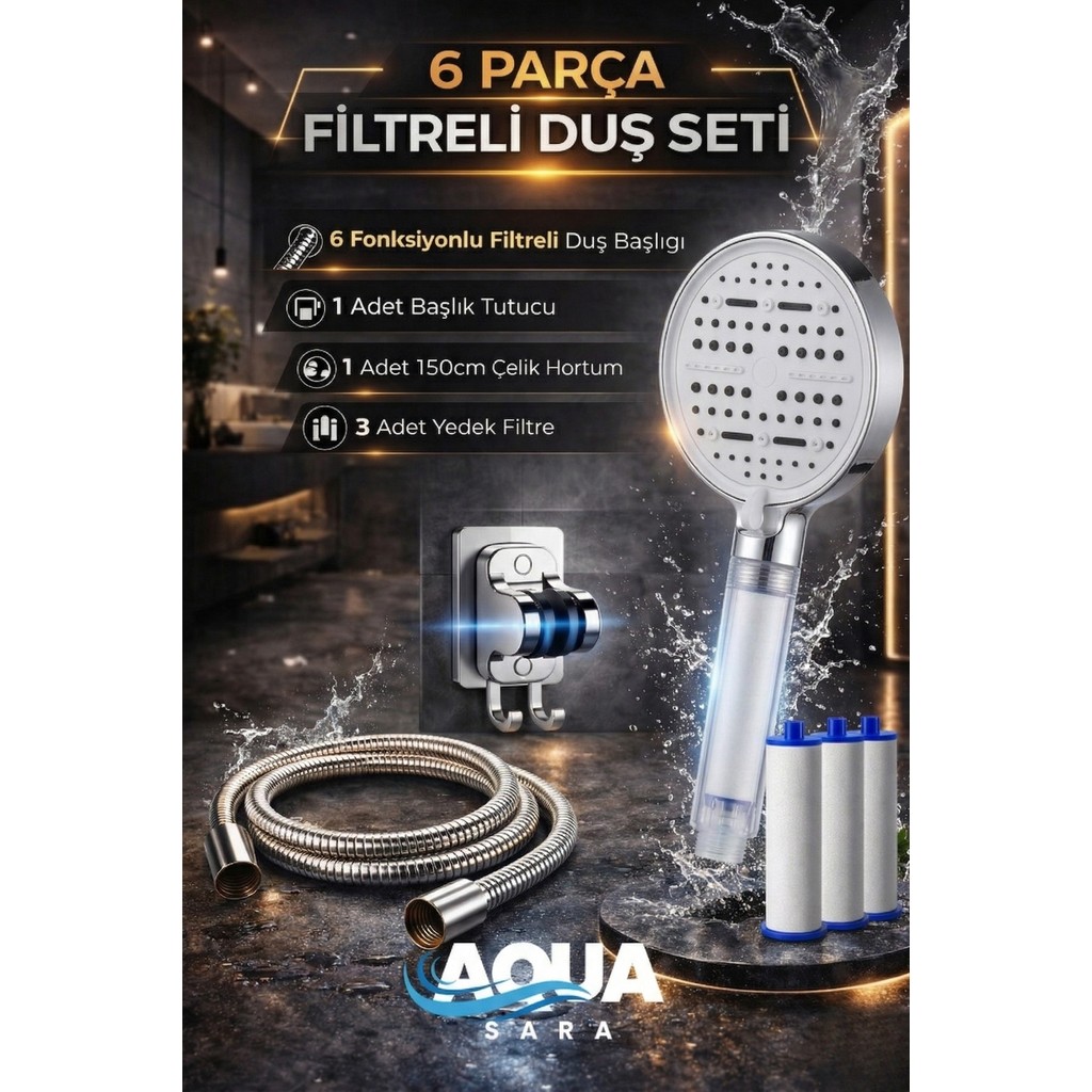 Aqua Sara 6 Parça Yüksek Basınçlı Filtreli Duş Başlığı Seti Krom Renk | 6 Modlu, 3 Yedek Filtreli, Hortum ve Duş Başlığı Tutucu Diğer Fiyatı