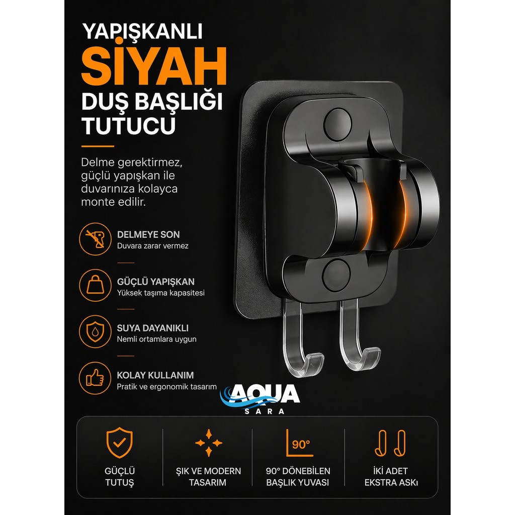Aqua Sara Siyah Yapışkanlı Duş Başlığı Tutucu , Ayarlanabilir Su Geçirmez Yapışkanlı Mafsal Chrome Tepe Duş Sistemleri Diğer Fiyatı