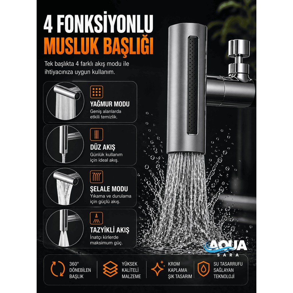 Aqua Sara Tasarruflu 4 Modlu Şelale Ayarlanabilir Musluk Başlığı Mutfak Eviye Bataryası Lavabo Bataryası - Gri Bataryalar & Musluklar Fiyatı