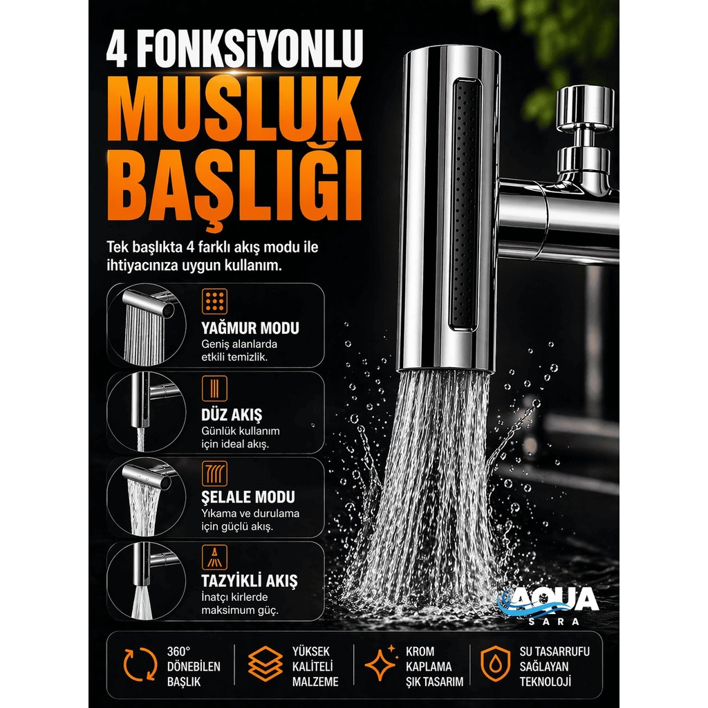 Aqua Sara Tasarruflu 4 Modlu Şelale Ayarlanabilir Musluk Başlığı Mutfak Eviye Bataryası Lavabo Bataryası - Krom Bataryalar & Musluklar Fiyatı