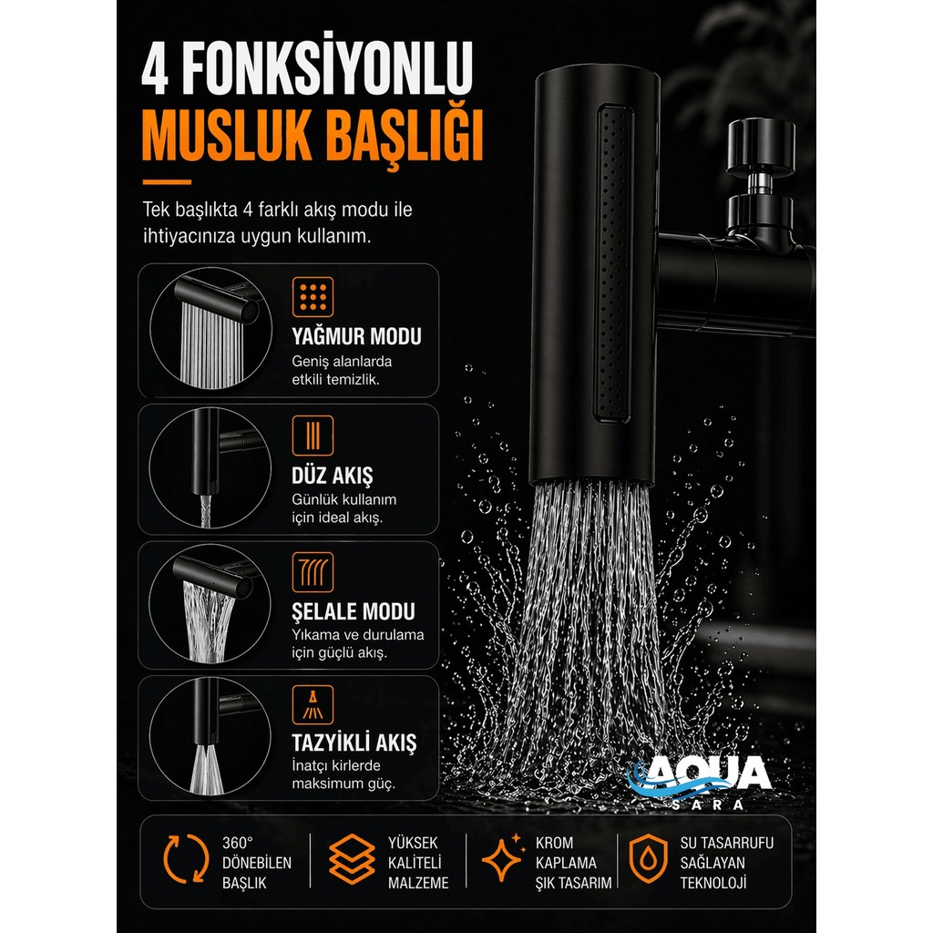 Aqua Sara Tasarruflu 4 Modlu Şelale Ayarlanabilir Musluk Başlığı Mutfak Eviye Bataryası Lavabo Bataryası - Siyah Bataryalar & Musluklar Fiyatı