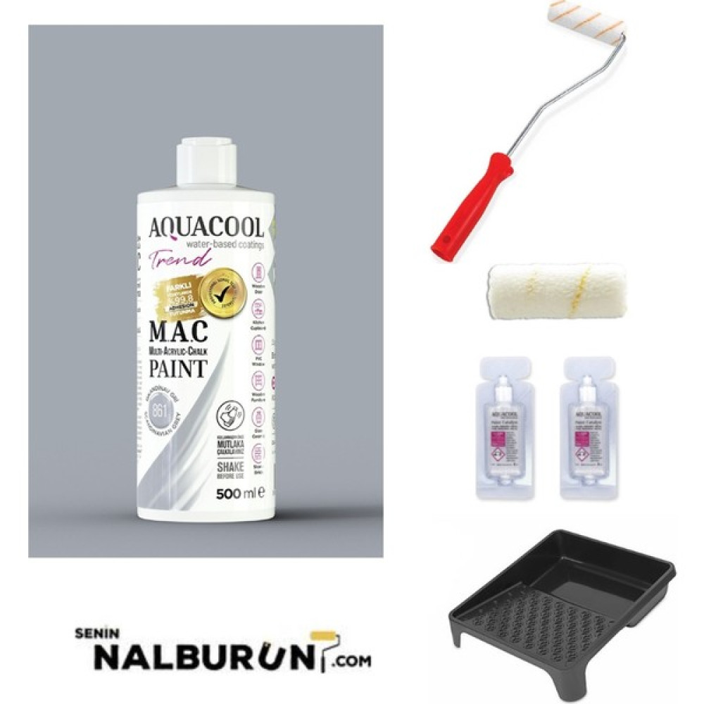 Aquacool Trend Su Bazlı Akrilik Hobi Boyası 500 ml + Rulo 10 cm + 2 Adet Katalizör + Boyacı Tavası Hobi Boya Seti - İskandinav Gri Akrilik Boya Fiyatı
