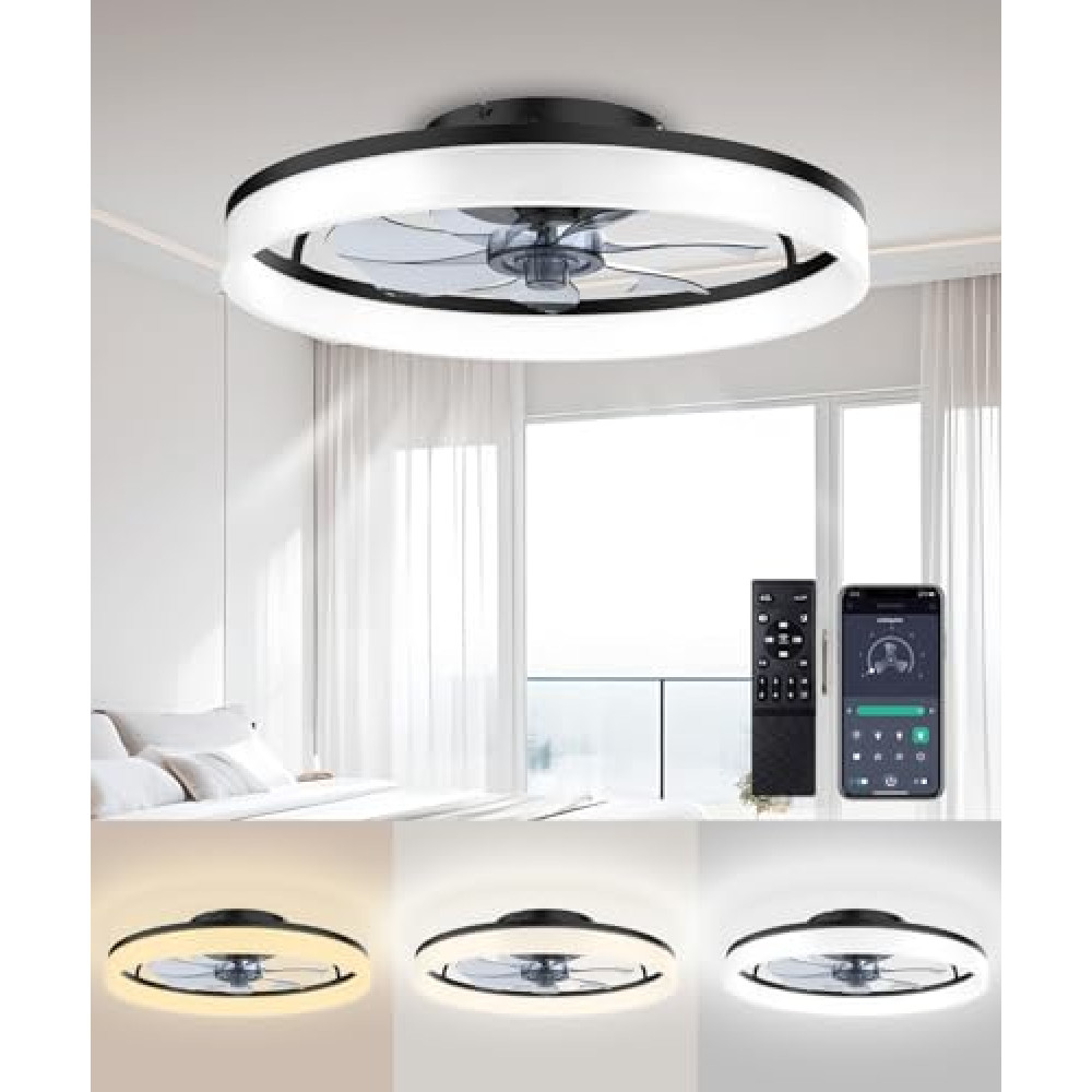 AQUBT Ceiling Fans with Lights and Remote, 20" Modern Low Profile Ceiling Fan with Light, Stepless Color Temperature Change and 6 Speeds for Bedroom, Kids Room and Living Room (Black)