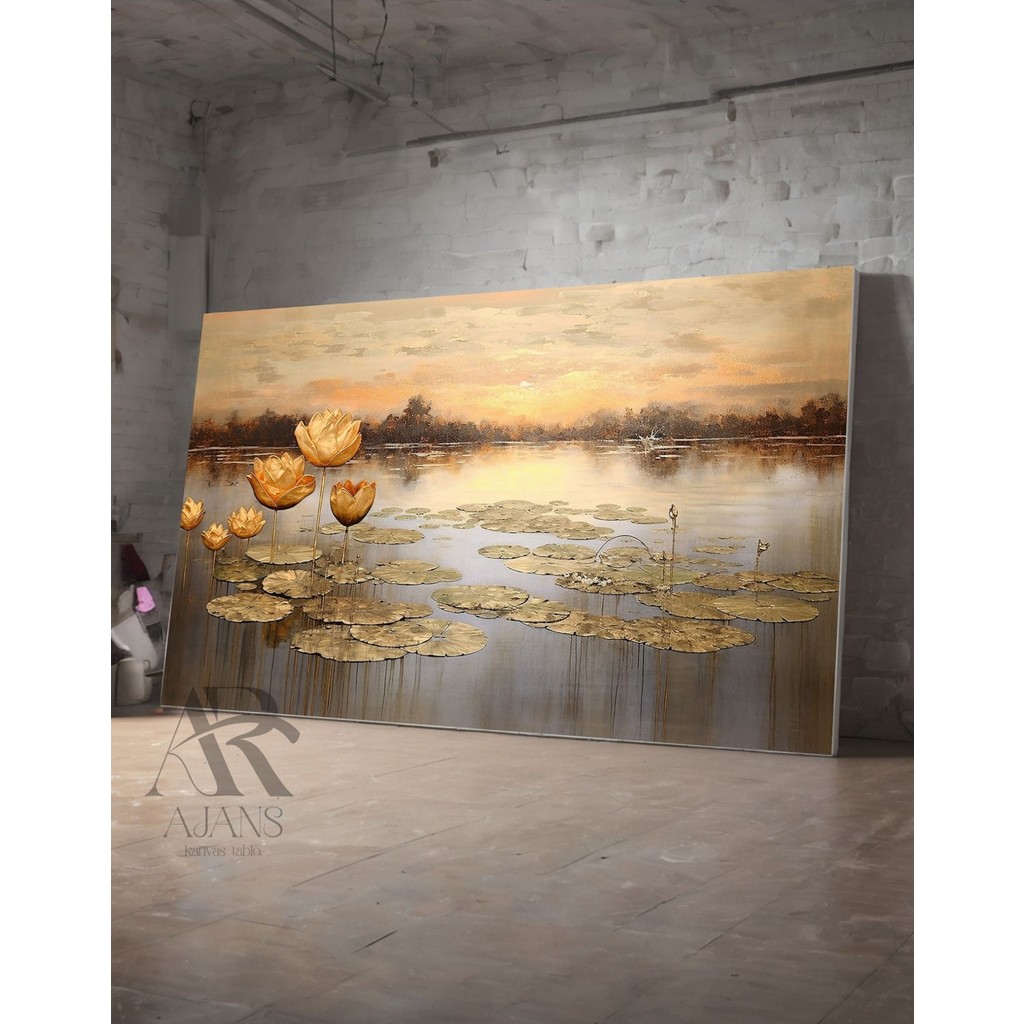Ar Ajans Kanvas Tablo Gold Tasarım Lotus Çiçeği Dekoratif Kanvas Tablo - 50 x 70 cm - Renkli Kanvas Tablo Fiyatı