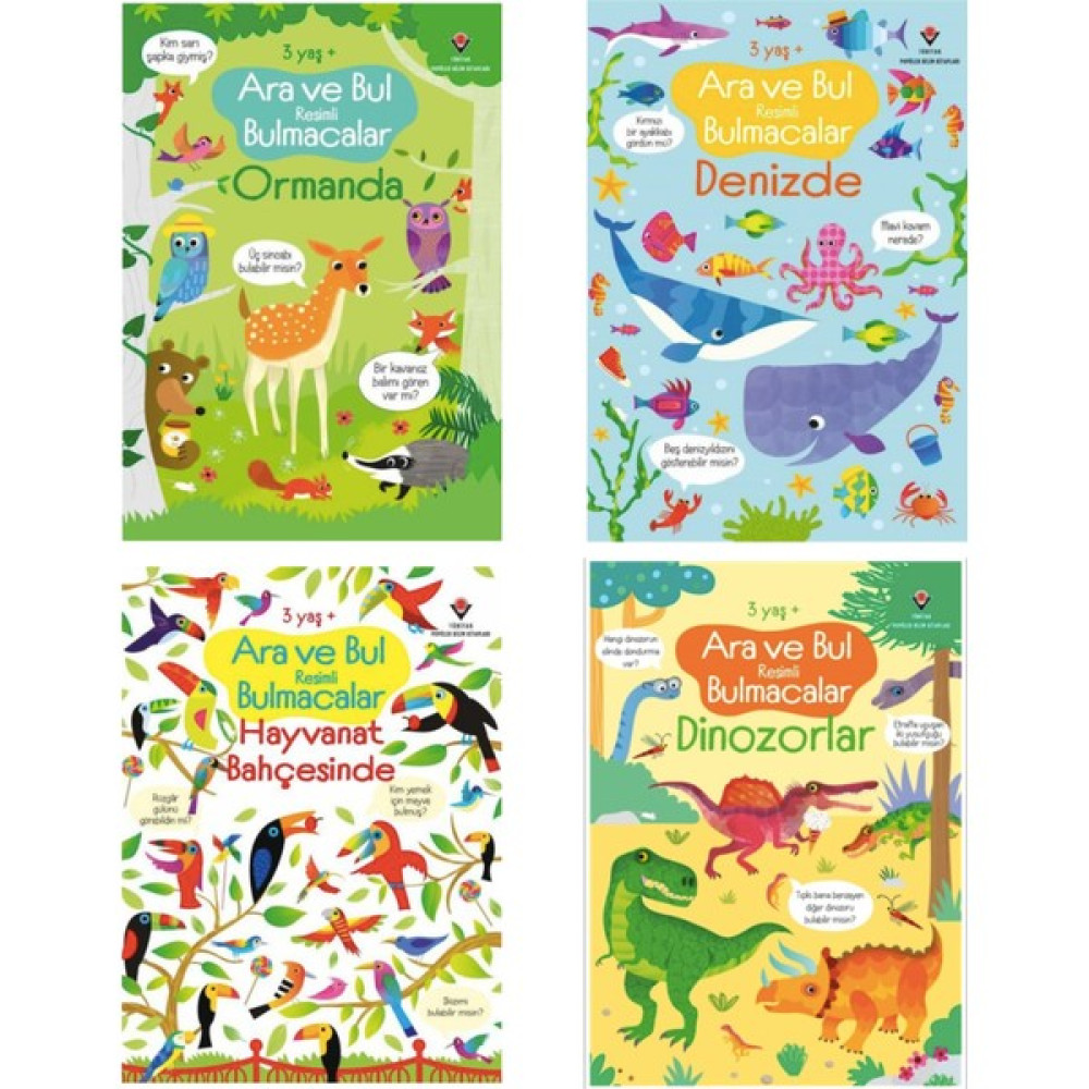 Ara ve Bul Resimli Bulmacalar Ormanda - Denizde - Hayvanat Bahçesinde - Dinozorlar 4 Kitap Set Zihinsel Gelişim Kitapları Fiyatı