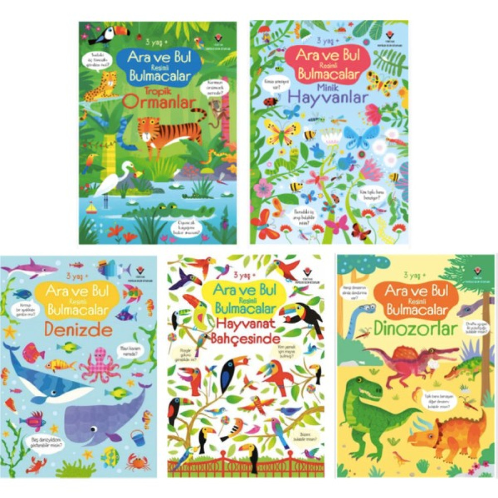 Ara ve Bul Resimli Bulmacalar - Tropik Ormanlar - Denizde - Dinozorlar - Hayvanat Bahçesinde - Minik Hayvanlar 5 Kitap - Kirsteen Robson Zihinsel Gelişim Kitapları Fiyatı