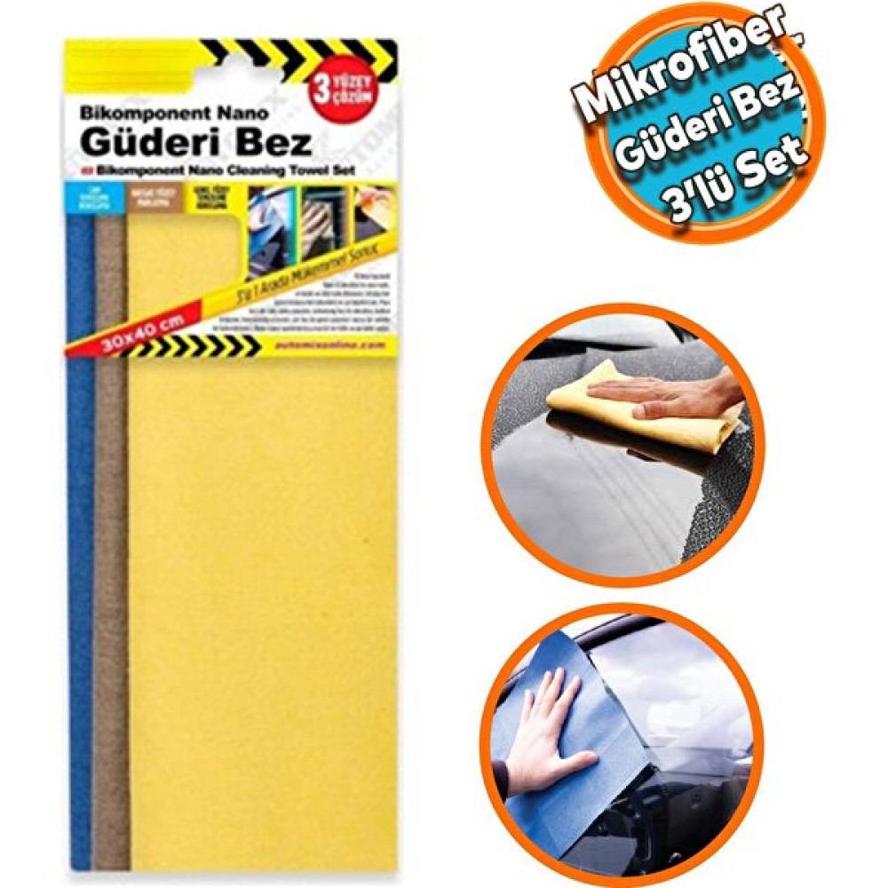 Araba Araç Otomobil Oto Cam Yıkama 3'ü 1 Arada Güderi Bikomponent Mikrofiber Bez Seti 30X40 Oto Genel Temizlik Fiyatı