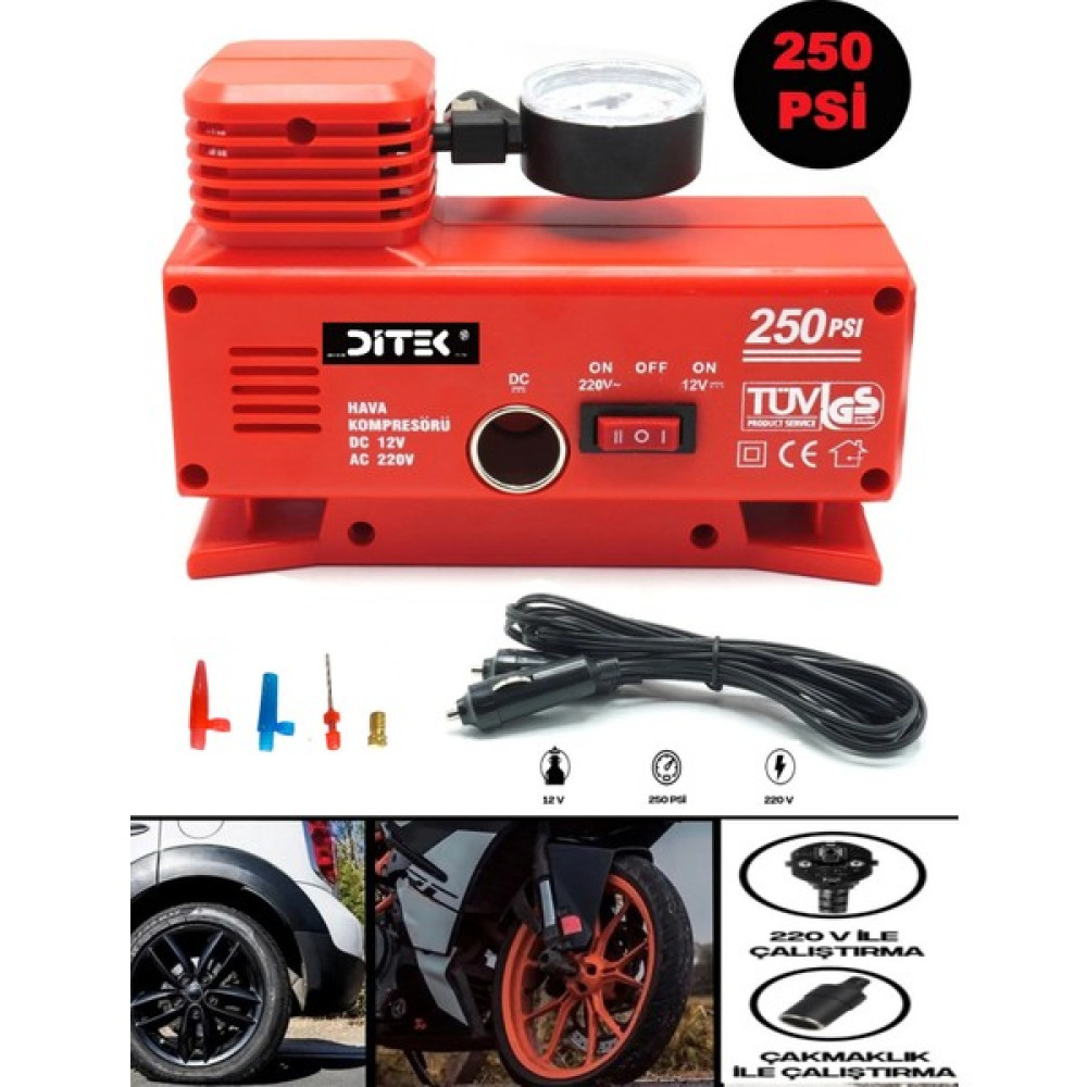 Araba Oto Araç Lastik Şişirme Pompası Hava Kompresörü 250PSI Dc 12-Ac 220 Volt Kompresör Pompa Seti Oto Elektroniği Fiyatı