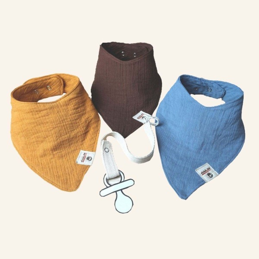 Arasta Design 3'lü Set Müslin Bebek Salya Önlüğü, Emzik Askısı ve Fular Bebek Mama Önlüğü - Mavi - Kahverengi - Hardal - Standart Mama Önlüğü Fiyatı