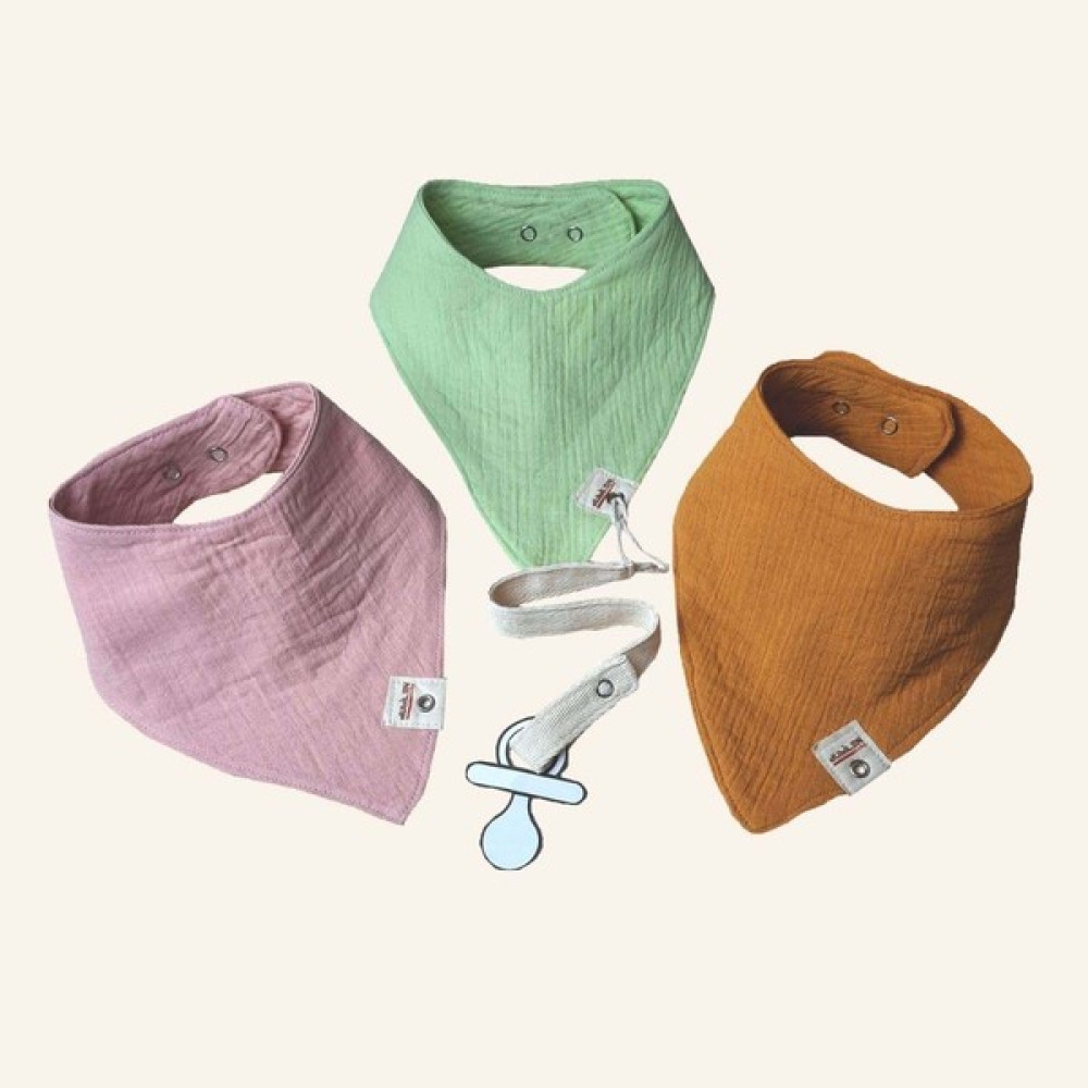 Arasta Design 3'lü Set Müslin Bebek Salya Önlüğü, Emzik Askısı ve Fular Bebek Mama Önlüğü - Pembe - Yeşil - Hardal - Standart Mama Önlüğü Fiyatı