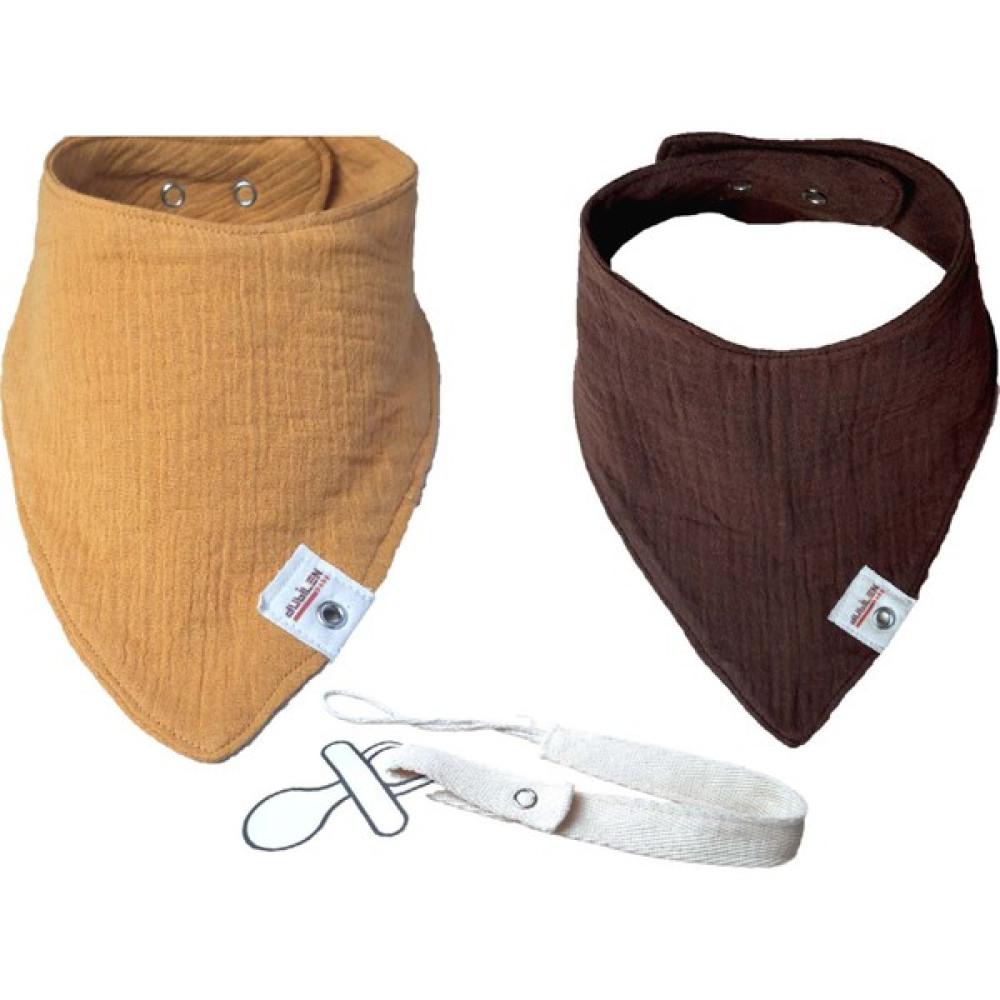 Arasta Design Müslin Bebek Salya Önlüğü, 2'li Set, Emzik Askısı ve Üçgen Fular Bebek Mama Önlüğü - Hardal - Kahverengi - Standart Mama Önlüğü Fiyatı
