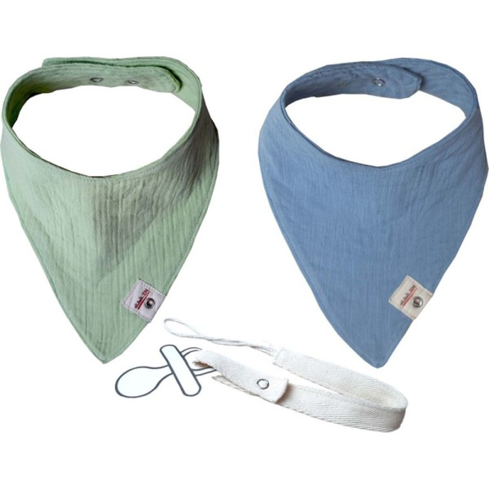 Arasta Design Müslin Bebek Salya Önlüğü, 2'li Set, Emzik Askısı ve Üçgen Fular Bebek Mama Önlüğü - Mavi - Yeşil - Standart Mama Önlüğü Fiyatı