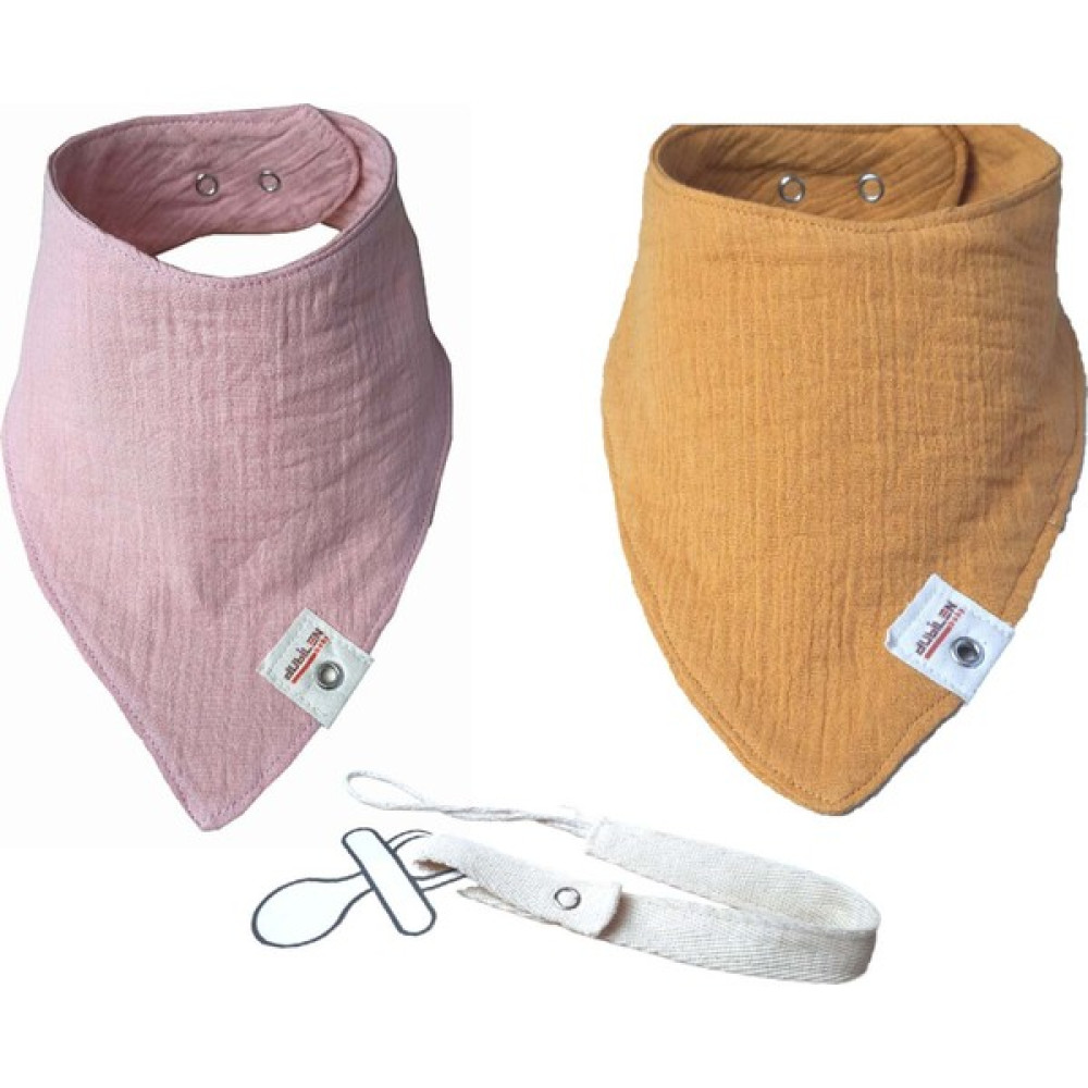 Arasta Design Müslin Bebek Salya Önlüğü, 2'li Set, Emzik Askısı ve Üçgen Fular Bebek Mama Önlüğü - Pembe - Hardal - Standart Mama Önlüğü Fiyatı
