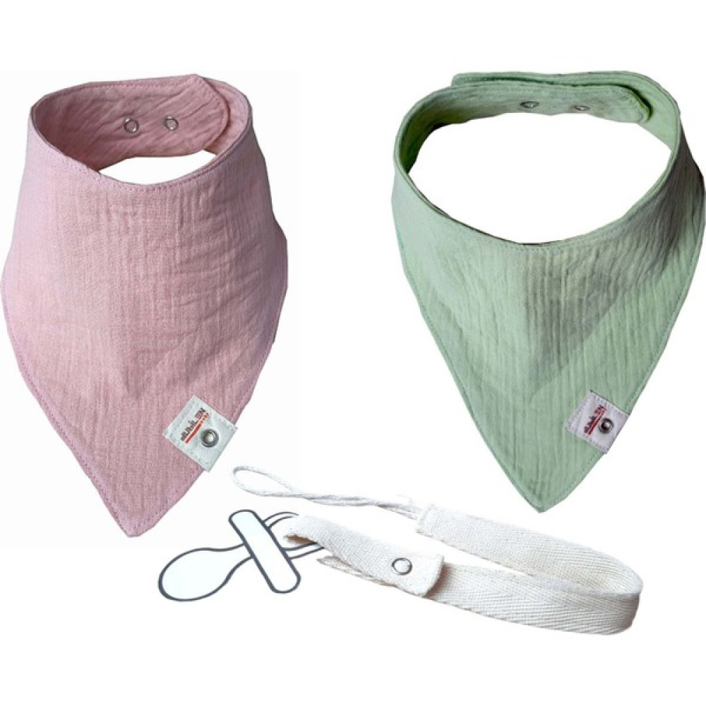 Arasta Design Müslin Bebek Salya Önlüğü, 2'li Set, Emzik Askısı ve Üçgen Fular Bebek Mama Önlüğü - Pembe - Yeşil - Standart Mama Önlüğü Fiyatı