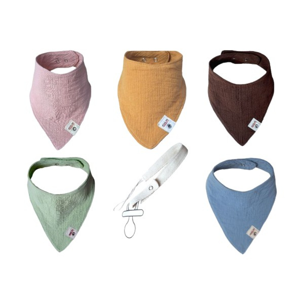 Arasta Design Müslin Üçgen Fular Bebek Mama Salya Önlüğü 5'li Set + Emzik Askısı - Renkli - Standart Oto Boyaları Fiyatı